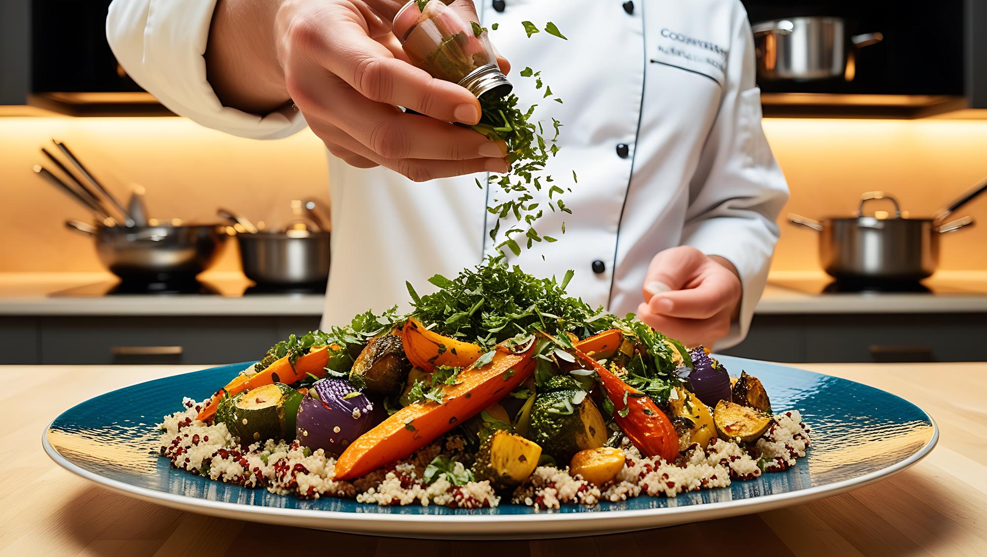 Chef plating a vibrant bowl of grains and roasted vegetables
